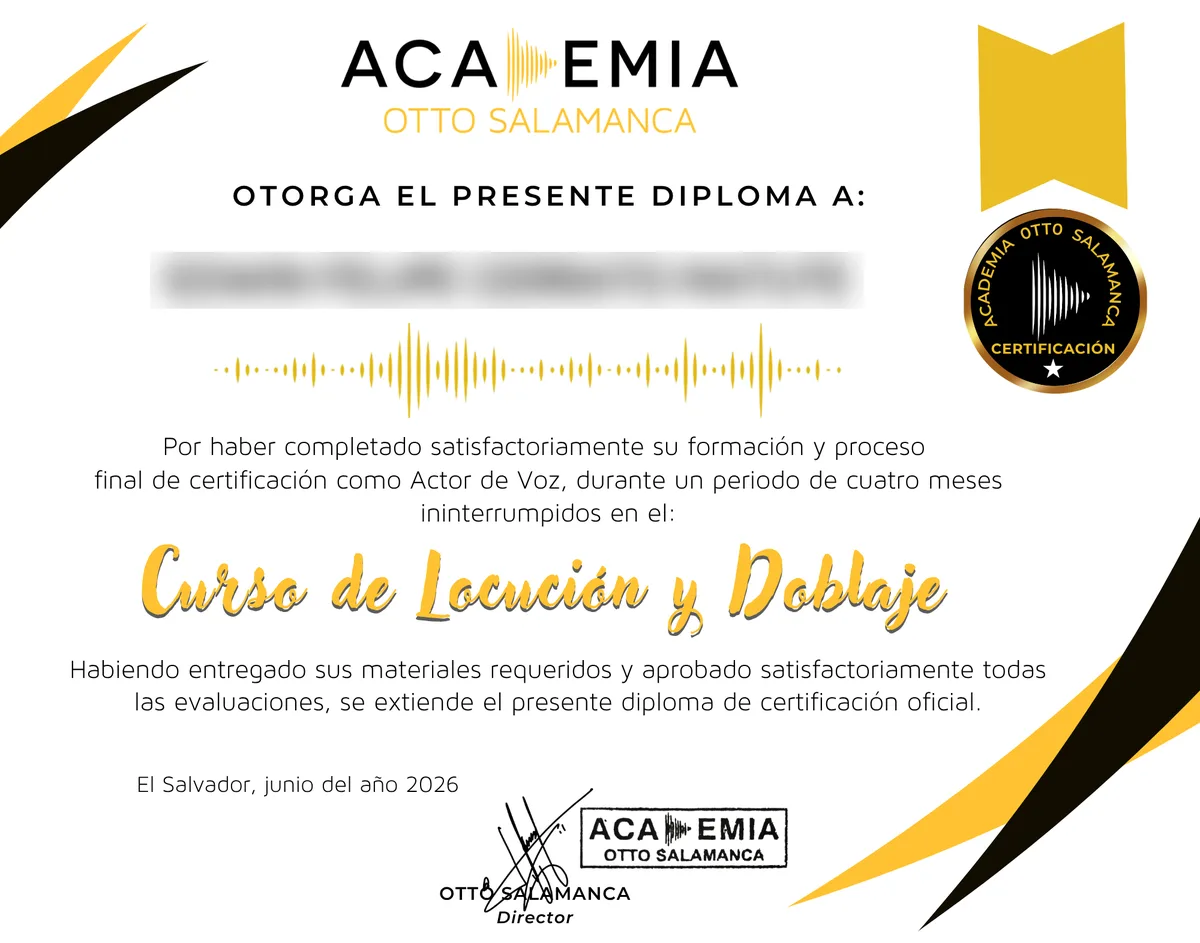 Diploma de la Academia Otto Salamanca que certifica la formación como Actor de Voz en el Curso de Locución y Doblaje